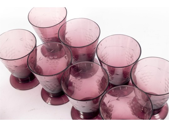 Set Of Amethyst Etched Glass Decanter And Eight Cordials