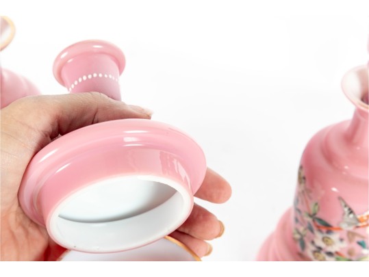 Set Of Two Pink Opaline Glass Candlestick Holders And Capsule