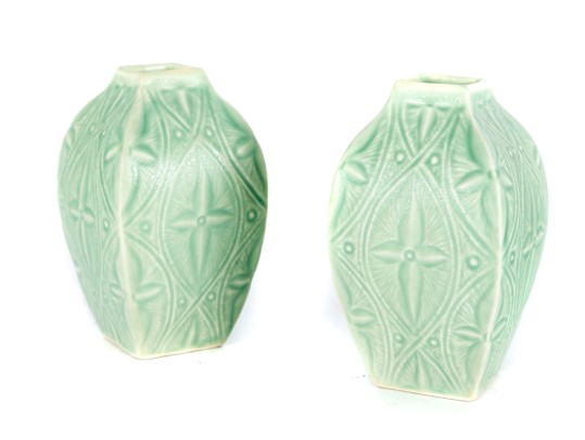 Pair Of Anthropologie Matte Green Roseberry-Winn Pottery Porcelain Vases