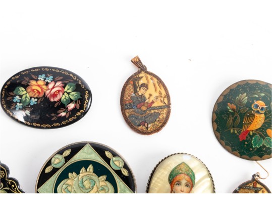Collection Of Hand-Painted Brooches, Pendants & Earrings (9 Pieces)