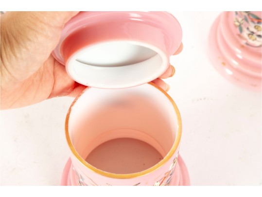 Set Of Two Pink Opaline Glass Candlestick Holders And Capsule