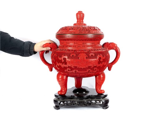 Chinese Cinnabar Lacquer Lidded Tripod Censer On Stand