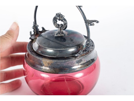 Victorian Cranberry Glass Biscuit Jar With Silverplate Lid & Handle