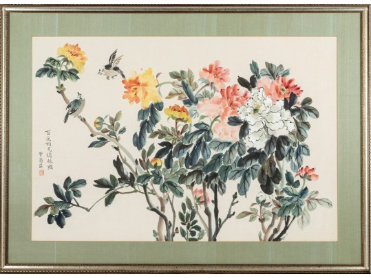 Framed Chinese Watercolor Painting Of Peonies And Birds