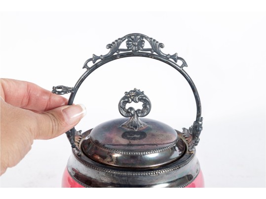 Victorian Cranberry Glass Biscuit Jar With Silverplate Lid & Handle