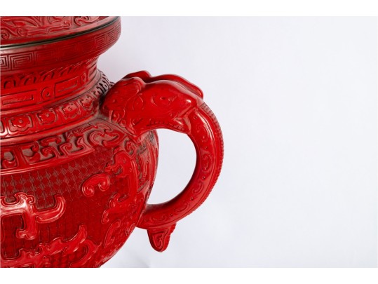 Chinese Cinnabar Lacquer Lidded Tripod Censer On Stand