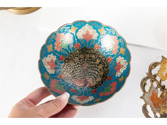 Group Of Vintage Indian Brass And Enameled Decorative Bowls