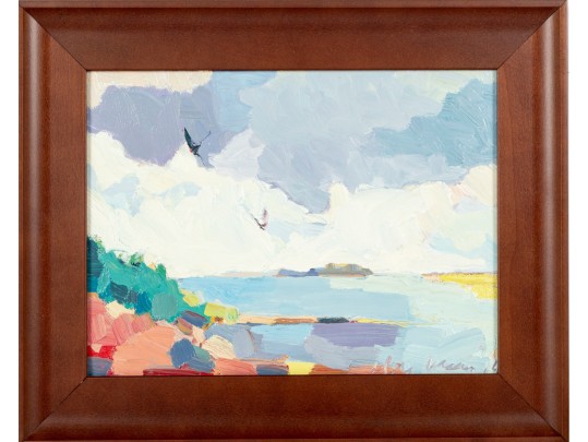 Abstract Landscape With Birds — Acrylic On Canvas, Indistinctly Signed