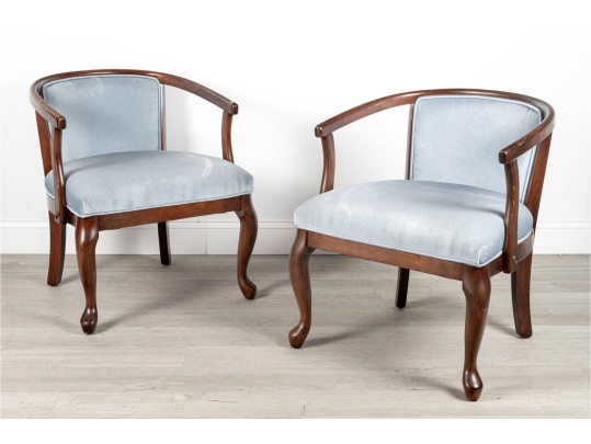 Pair Of Blue Upholstered Barrel-Back Accent Chairs