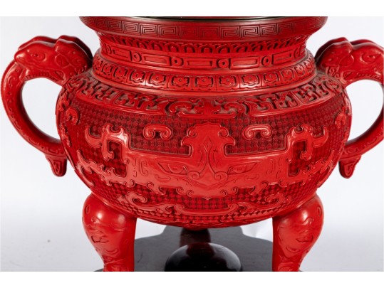 Chinese Cinnabar Lacquer Lidded Tripod Censer On Stand