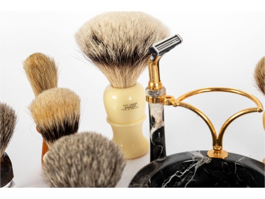 Collection Of Fur Shaving Brushes W/ Marble Shaving Set