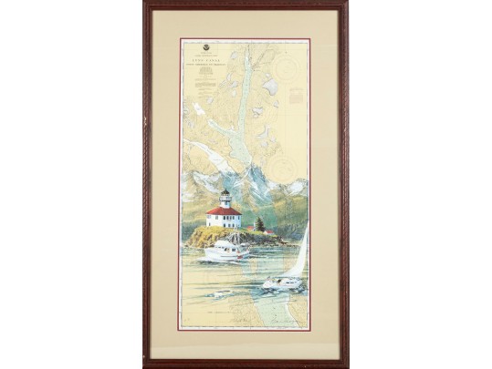 Framed Lynn Canal Nautical Chart With Lighthouse Illustration