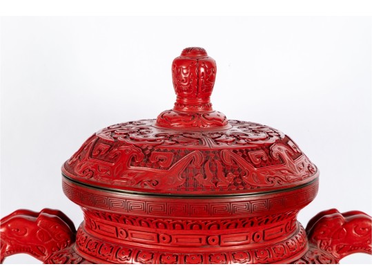 Chinese Cinnabar Lacquer Lidded Tripod Censer On Stand
