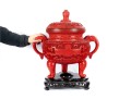Chinese Cinnabar Lacquer Lidded Tripod Censer On Stand