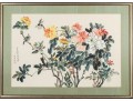 Framed Chinese Watercolor Painting Of Peonies And Birds