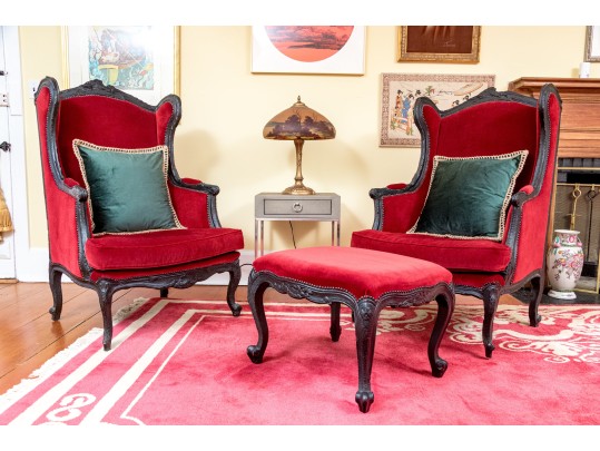Pair Of Maarten Baas For Gramercy Park Hotel Velvet Upholstered Wingback Chairs With Single Ottoman