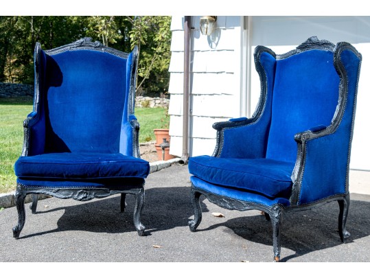 Pair Of Maarten Bass For Gramercy Park Hotel Custom Blue Velvet Upholstered Wingback Chairs