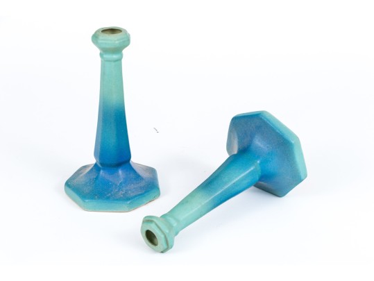 Pair Of Van Briggle Turquoise Glazed Ceramic Candlesticks