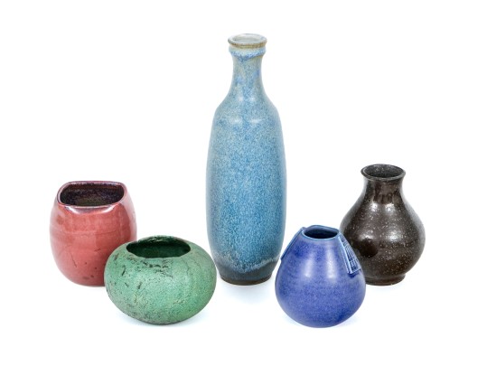 Group Of Five Studio Ware Glazed Pottery Vases