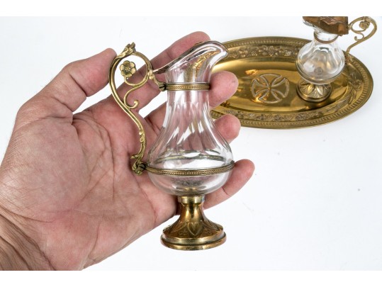 Christian Brass And Crystal Altar Cruet Set