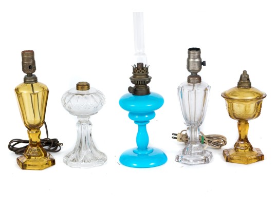Group Of Five Antique Glass And Brass Oil Lamps