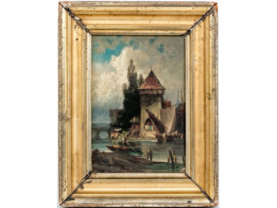 Diminutive Antique Oil On Panel, Landscape With Waterway