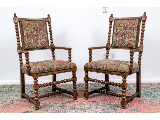 Paior Of Vintage Carved Oak Bobbin Turned Armchairs