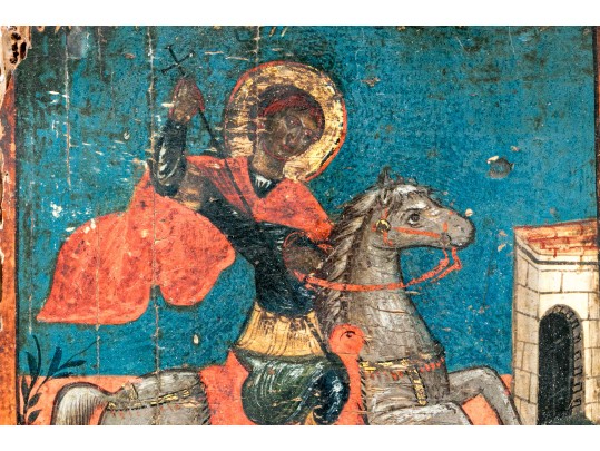 Orthodox Painted Icon Of St. George Slaying A Dragon