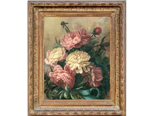 Oil On Canvas, Still Life Of Pink And Yellow Peonies