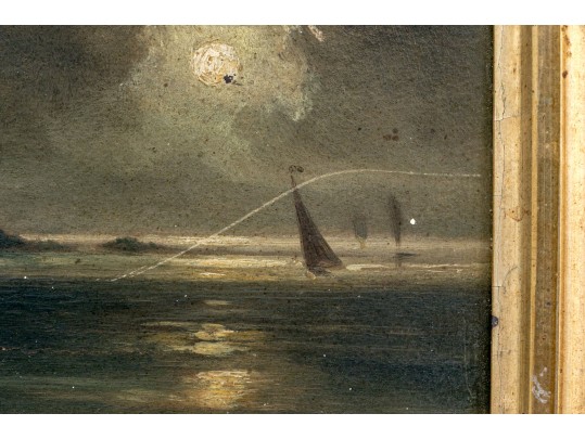 Diminutive Antique Oil On Panel, Coastal Scene At Night