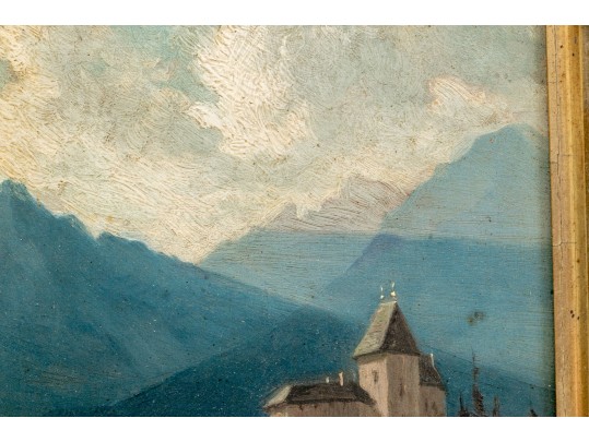 Dimunituve Antique Oil On Panel, Landscape With Figures And Architecture