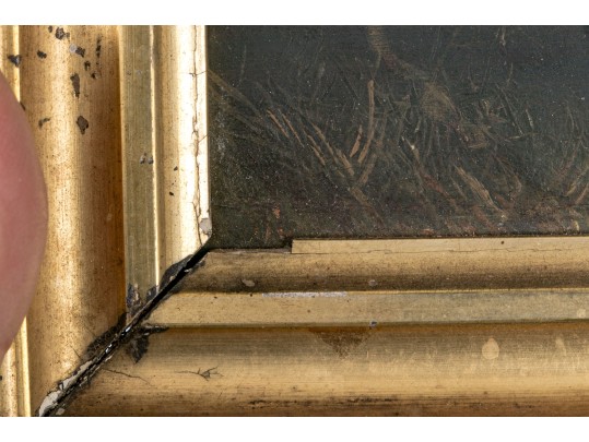 Diminutive Antique Oil On Panel, Mountainous Landscape With Figures And Cottage