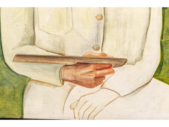 Oil On Board, Portrait Of Seated Man In Landscape