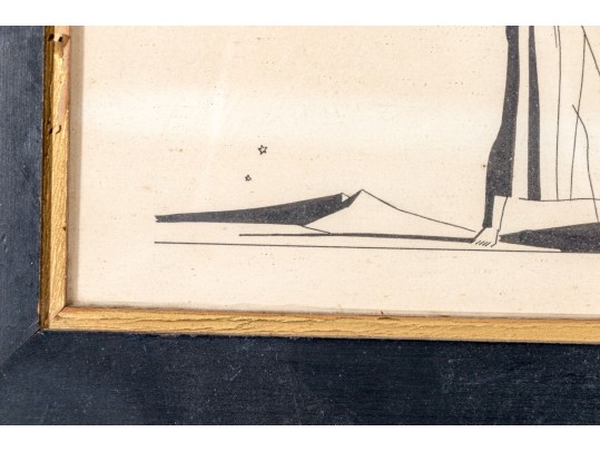 Signed H. Ink Drawing On Paper, Large Woman With Couple