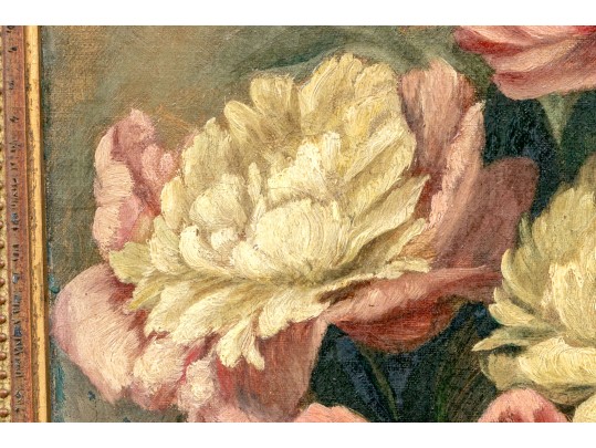 Oil On Canvas, Still Life Of Pink And Yellow Peonies