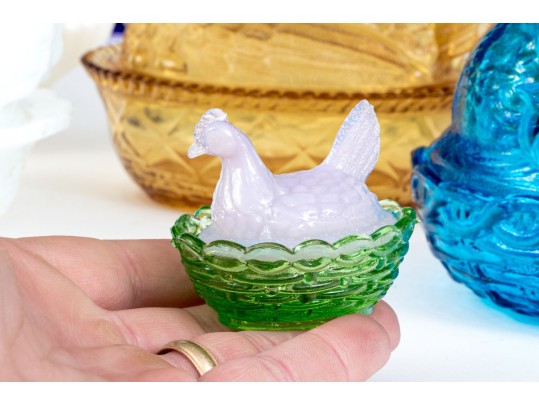 Collection Of Fifteen Vintage Glass Hens On Nests