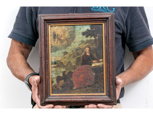 Spanish Colonial Oil On Board, St. John The Evangelist Writing The Book Of Revelation