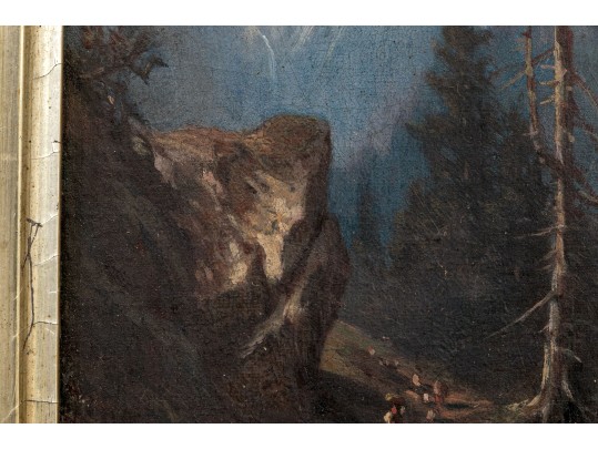 Diminutive Antique Oil On Panel, Mountainous Landscape With Figures