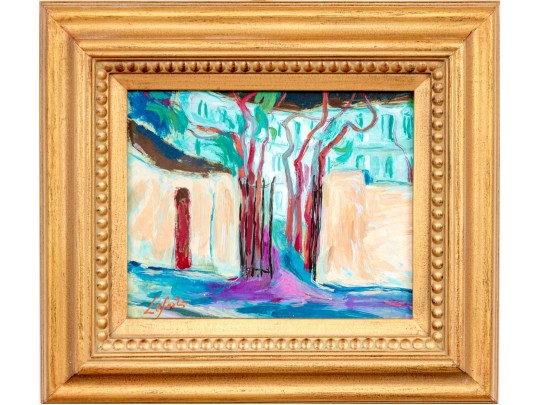 Signed Lefort Fauvist Oil On Board, Building With A Gate