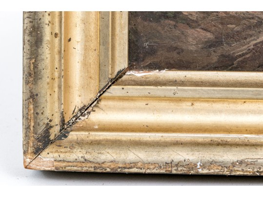 Diminutive Antique Oil On Panel, Mountainous Landscape With Figures