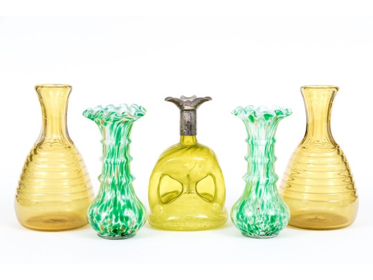 Lot Of Five Glass And Silver Plate Mounted Decanters