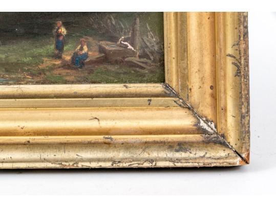 Diminutive Antique Oil On Panel, Mountainous Landscape With Figures And Cottage