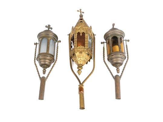 Trio Of Christian Brass And Glass Procession Lanterns