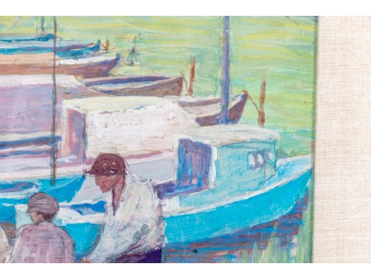 Gouache On Paper, Harbor Scene With Figures