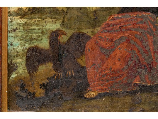 Spanish Colonial Oil On Board, St. John The Evangelist Writing The Book Of Revelation