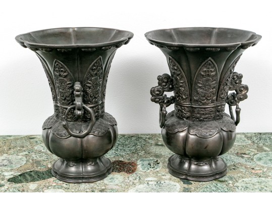 Pair Of Chinese Pewter Patinated Bronze Gu Form Vases