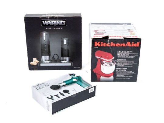 Variety Of Gadgets Including Waring Wine Center, KitchenAid Ice Cream Maker, Brookstone Massager
