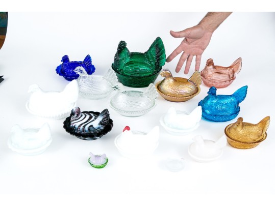 Collection Of Fifteen Vintage Glass Hens On Nests