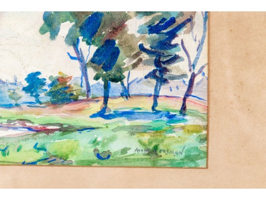 Signed Watercolor On Paper, Pond Outside Of Town