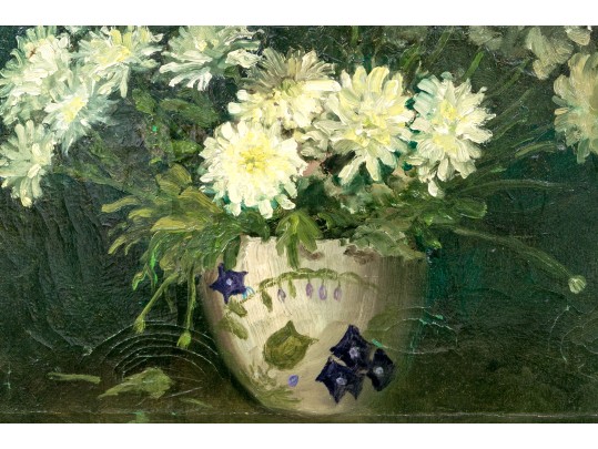 Oil On Canvas, Painted Jar With Flowers Still Life